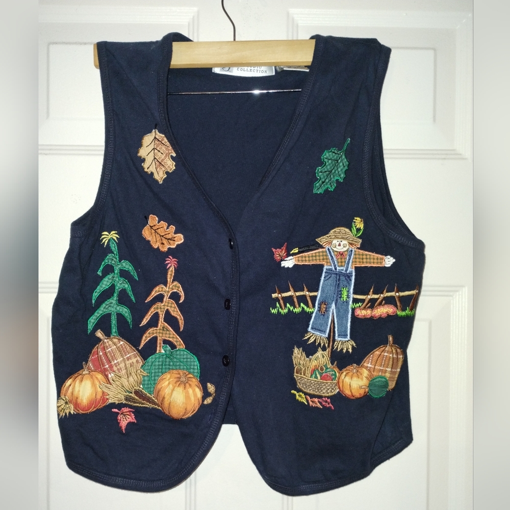 Vintage Studio Collection Woman Fall Vest Sz L Scarecrow Pumpkins Leaves Dk Blue